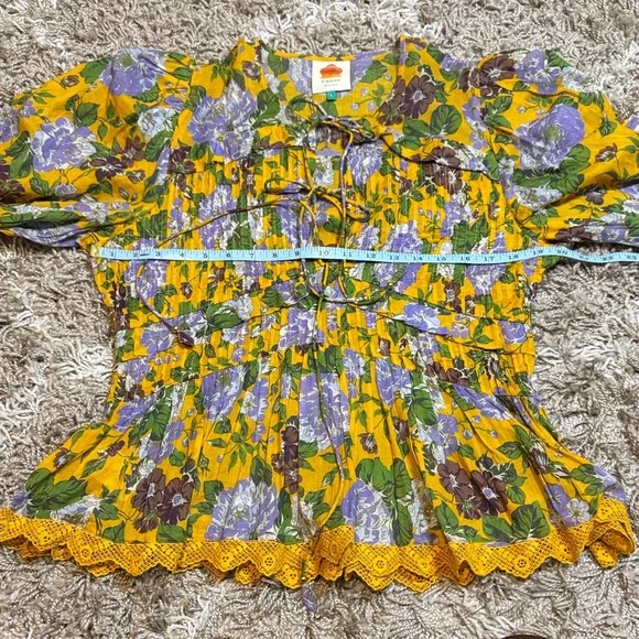 Farm Rio Capri Peplum Hem Floral Blouse Yellow & Purple size Large - Picture 13 of 17